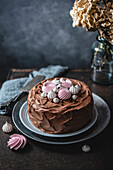Chocolate cake decorated with meringue dots