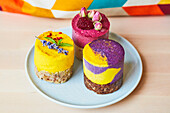 Three different colourful vegan cupcakes (Raw Baking)
