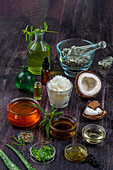 Honey,hemp seeds,aleo vera,coconut,oils,gels and green cosmetic clay