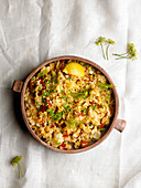 Reis mit Thunfisch, Paprika del piquillo und Zitrone