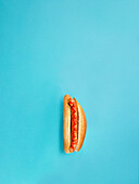 Hot dog with sausage and ketchup on a turquoise background