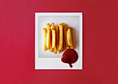Polaroid photo of French fries with ketchup on them against a red background