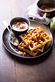 Waffles with pan-fried apples and salted butter toffee sauce
