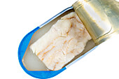 Open box of white fish in bird's eye view