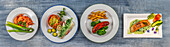 Panoramabild von verschiedenen Gerichten mit Fleisch, Fisch und Meeresfrüchten