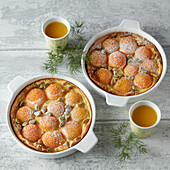 Clafoutis with apricots, pistachios and apricot coulis