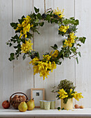 Decorative wall wreath made of mimosa flowers