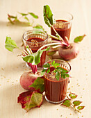 Red vegetable juice with beetroot, carrot, cumin and kefir