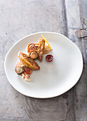 Pan-fried foie gras escalope,black scallops,Reinette apple chutney