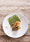 Pan-fried duck foie gras,green beans,puffed quinoa and horseradish yoghurt