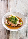 Foie gras and vegetables in duck broth