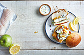 Fischbrötchen, German fish sandwich with creamy horseradish sauce