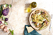 Linguini with artichoke hearts and Jerusalem artichokes