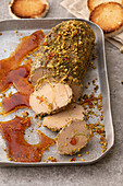Foie gras in a pistachio praline crust, caramel bits