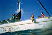 Women on sailing boat, St. Lucia, Caribbean