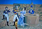 Young woman in front of mural painting, Isla Margarita, Antillen, Caribbean, America