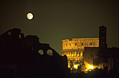The illuminated colosseum at full moon, Rome, Italy, Europe