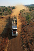 aerial view of livestock truck, triple-trailer driving on dirt road, Kimberley, Western Australia