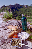 Brot, Käse und Tomate auf einem Fels, Drome, Frankreich, Europa