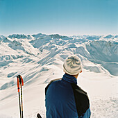 Skitouring, Skitouring, Back of a man on skitour, St. Antoenien, Graubuenden, Switzerland, St. Antoenien, Graubuenden, Switzerland