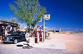 Vintage car at a filling station, Hackberry, Route 66, Arizona USA, America