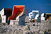 Empty beach chairs at beach, St. Peter Ording, Schleswig-Holstein, Germany