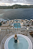 Queen Mary 2, View over quarterdeck to St. Thomas, Caribbean