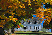 Town hall and autumnal trees, Shakerdorf, Canterbury, New Hampshire, New England, America
