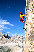 Male rock climber, Drei Zinnen, Dolomites, South Tyrol, Italy
