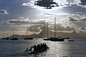 Boats & Moorea at Sunset, from Sofitel Maeva Beach Tahiti, French Polynesia