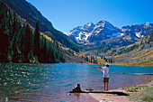Fishing at Maroon Lake, Aspen, Colorado USA