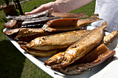Smoked Trout & Eel, Smoked trout and eel, Zechliner Fischerhuette, Lake Grosser Zechliner See, Flecken Zechlin, Mecklenburgian Lake District, Germany