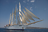 Star Flyer under Full Sail, near Hydra, Aegean Sea, Hydra, Idhra, Saronic Islands, Greece