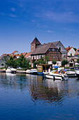 Boats in Plau, Muritz Elde waterway, Mecklenburg Lake District, Mecklenburg-Western Pomerania, Germany