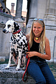 Girl & Dalmatine dog before, Diokletian Palace, Split Dalmatia, Croatia