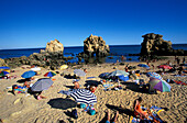 Sunshades on the beach under blue sky, Praia Coelha, near Albufeira, Algarve, Portugal, Europe