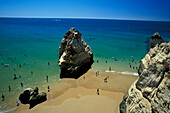 High angle view of sandy beach and rocks, Praia da Rocha, Algarve, Portugal, Europe