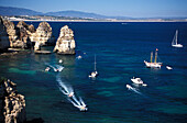 High angle view of boats and rocky coast, Ponta da Piedade, Lagos, Algarve, Portugal, Europe