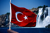 Turkish Flag of a boat, Lower Dueden Falls, Antalya, Turkish Riviera, Turkey