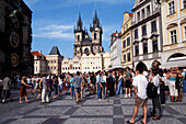 People at Old Town Square with Tyn Church, Prague, Czechia, Europe