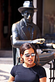 Person in front of Pessoa Statue, Bairro Alto, Lisbon, Portugal, Europe