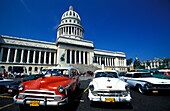 Old taxies in front of Capitolio Nacional at the old town, Havana, Cuba, Caribbean, America