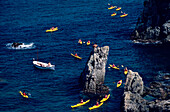 Kajak Sea Cliffs Aerial View, Canoes, Platja del Golfet, Calella de Palafrugell, Costa Brava, Catalonia, Spain