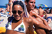 Young couple on the beach, Disco Beach Bora-Bora, Platja d´en Bossa, Ibiza, Balearic Islands, Spain
