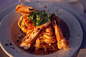 Traditional, Meal, Chicken, Noodles, Traditional meal noodles with seafood on a plate in La Puntilla De Piergiorgio Palace, italian Restaurant, Sosua, Dominican Republic