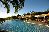 Pool of the Hotel Restaurant Le Rayon Vert in the sunlight, Deshaies, Caribbean, America