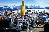 People in front of ski hut, Olang, Kronplatz, Plan de Corones, Dolomites, South Tyrol, Italy, Europe