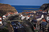 View at embouchure and coastal town of Staithes, Yorkshire, England, Great Britain, Europe