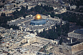 Friday prayer on Temple Mount with the Wailing wall and the Dome of the Rock, Aerial view, Jerusalem, Israel