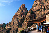 Restaurant, mountains, Les Calanche, near Porto, west coast Corsica, France